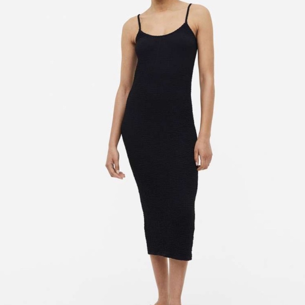 H&M Black Spaghetti Strap Bodycon Stretch Midi Minimalist Dress. S